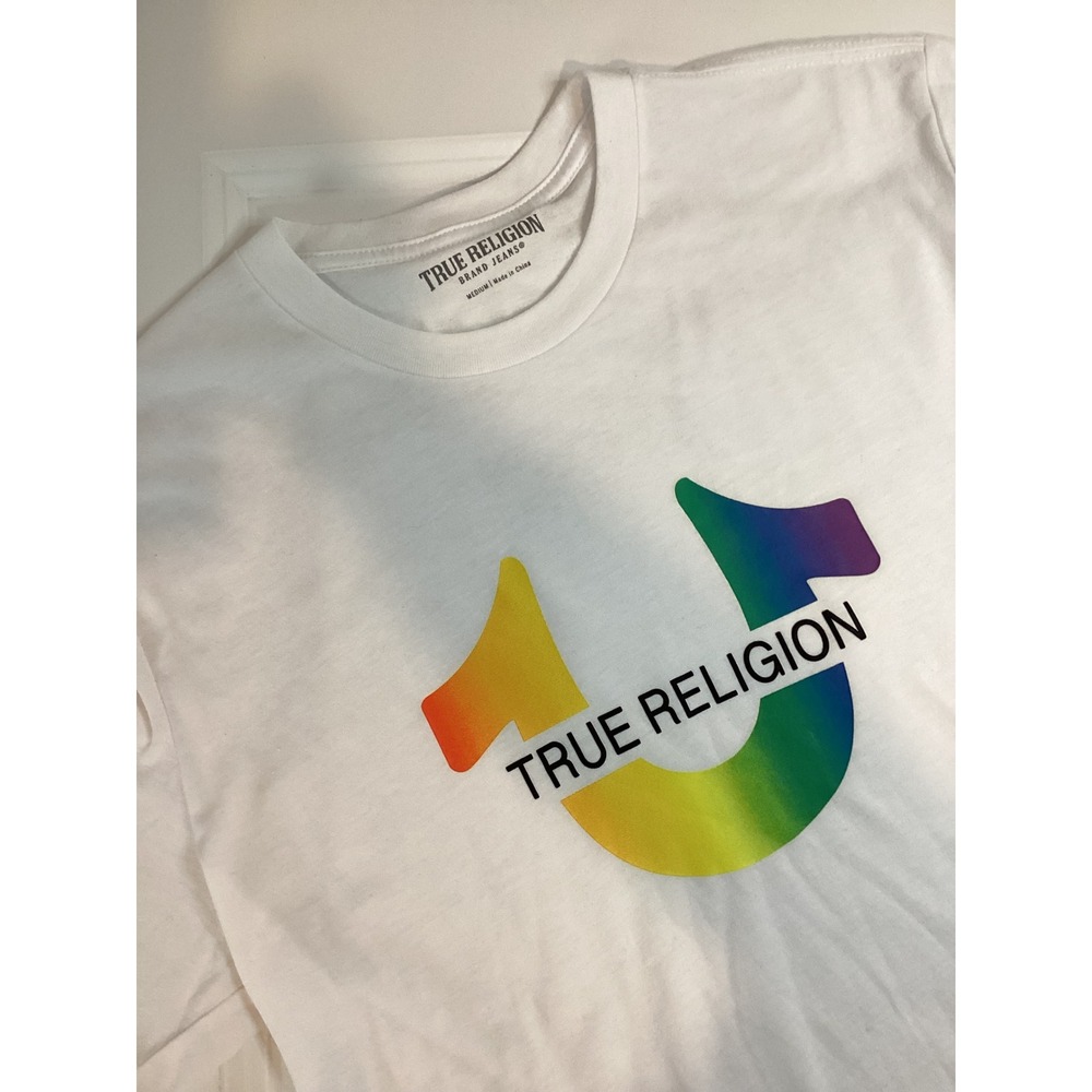 True Religion Mens Rainbow Horseshoe Logo Graphic T-Shirt White Medium NEW 170